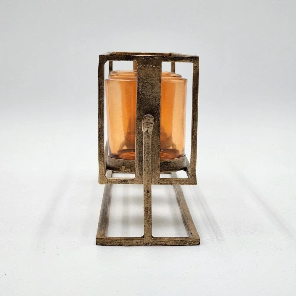 Rustic Triple Votive Tealight Candle Holder Aged Amber Glass In Brushed Bronze